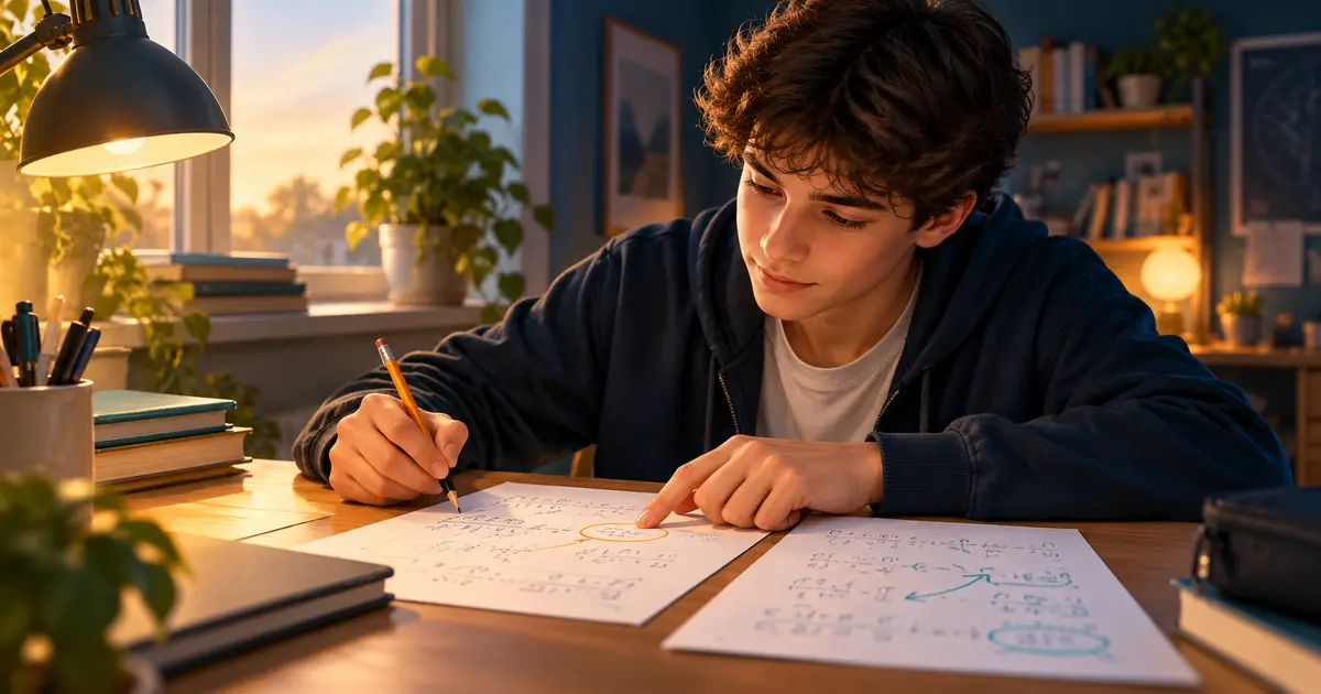 Studente che rivede un esercizio corretto e prova un nuovo svolgimento sul quaderno