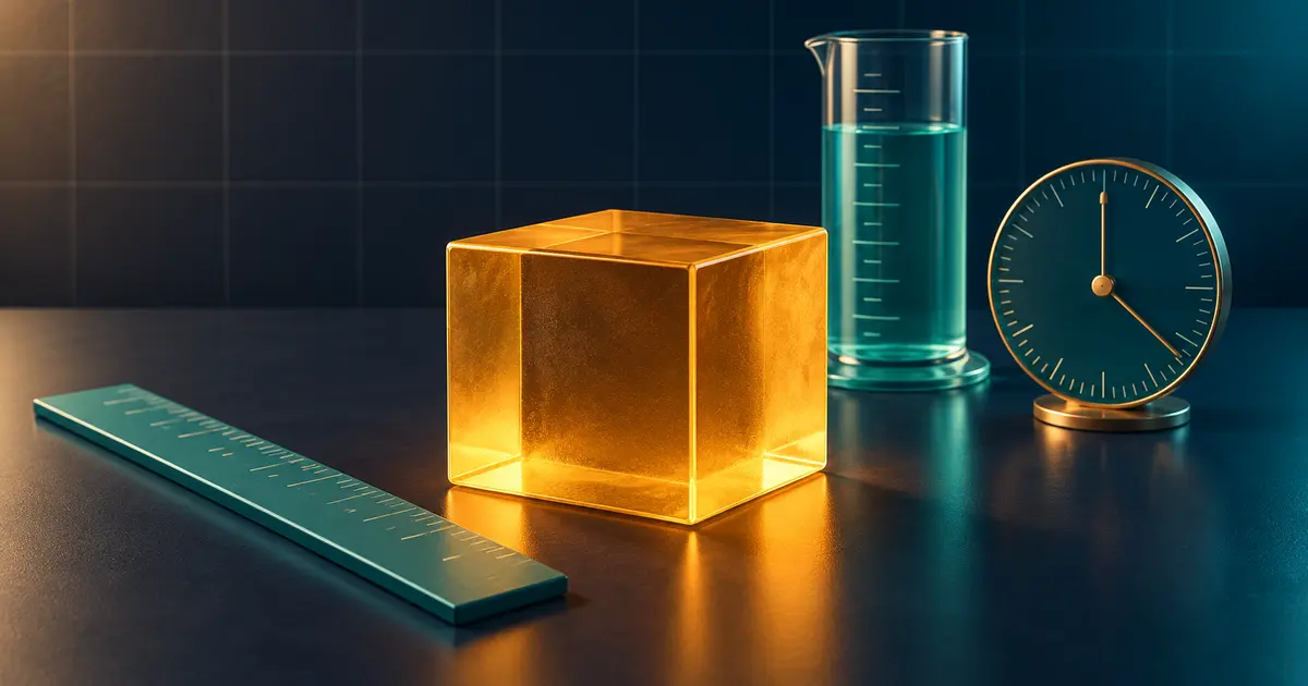 Cubo ambrato illuminato con righello, cilindro graduato e quadrante turchesi su un piano blu scuro
