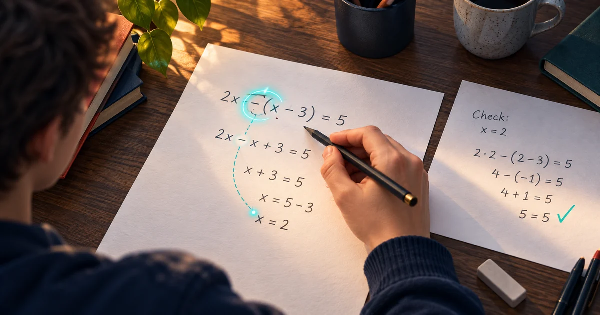 Studente che individua un segno meno errato e verifica la soluzione di un’equazione